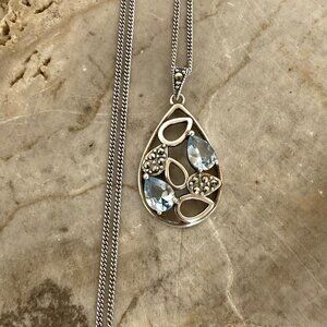 Sterling Silver 925 SLC Blue Topaz Marcasite Teardrop Pendant Necklace 18" Chain